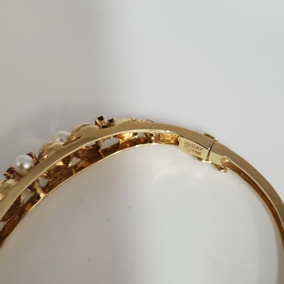 Antique 14k Yellow Gold Pearls,Ruby & Sapphire Bangle Bracelets - Picture 4 of 12